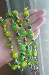 Vintage Celluloid Green Yellow And White Floral Necklace Hong Kong 1950’s 43″ L