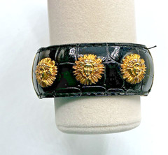 Vintage Black Patent Leather Gold Tone Medusa Accents Hinged Clamper Bracelet