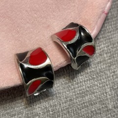 Vintage Estate Earrings Red Black Enamel Half Hoop Cuff Clip On Silver Tone 80s