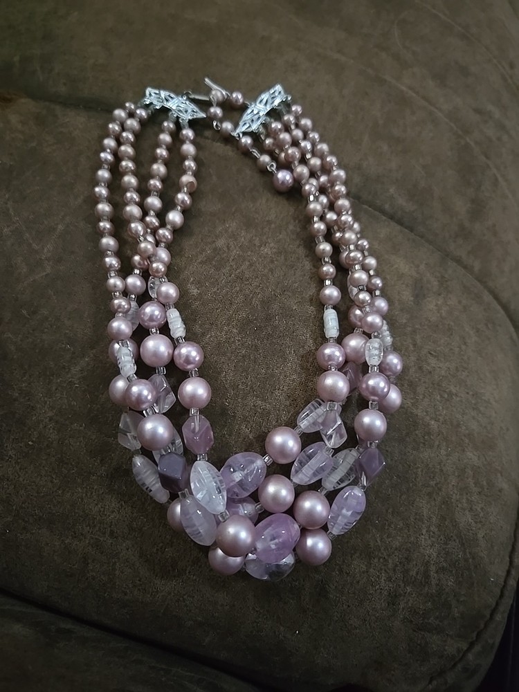 Vintage multi-strand necklace featuring both lavender pearls and amethyst chips