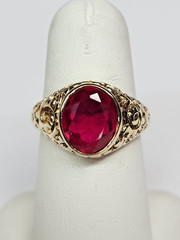 Beautiful 13.9-14k Gold Filigree Style Pierced 4.00ct. Lab Ruby Ring Sz 9.5