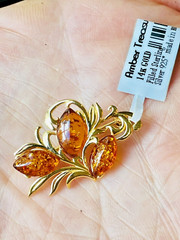 Genuine 14K Gold Filled Gilded Baltic Honey Cognac Amber Color Pin Brooch 925*