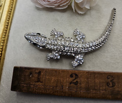 Vintage Alligator Crocodile Crystal Brooch Pin Rhinestone Staement Silver Tone