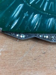 Antique Art Deco Carved Chrysoprase Marcasite Stamped 935 Sterling Brooch Pin