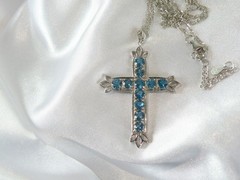 Vintage Sterling Silver 925 Heated London Blue Topaz Cross Pendant Necklace