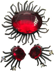 Gorgeous Spikey Japanned Metal Red Glass Vintage Brooch Earring Set