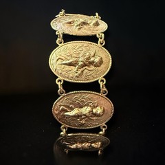 Cherub Panel Link Bracelet Victorian Revival Gold Tone Putti Figural 7 Inch