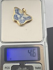 Antique Siam Blue White Porcelian Butterfly Gambling Token 14k Gold Pendant