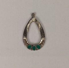 Vintage Open Teardrop Pendant Green Cabochon Bead Accent Silver Tone 1.25″