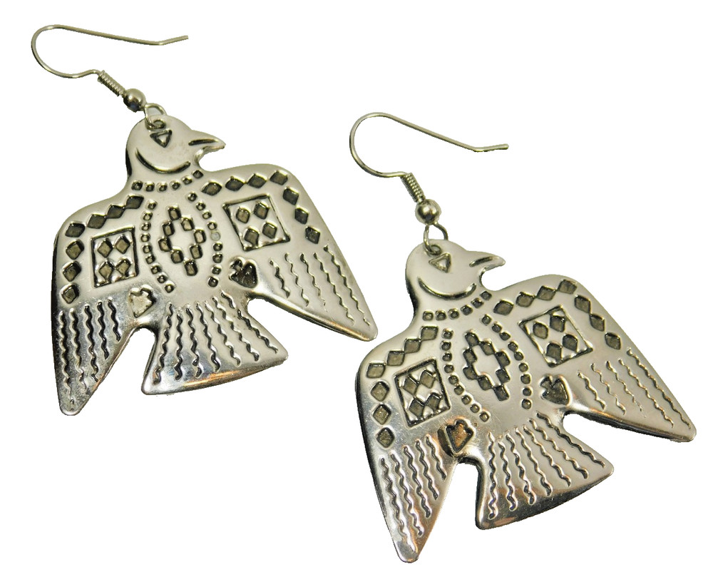 Vintage Silver Tone Southwest Style Stamped Thunderbird Drop Earrings