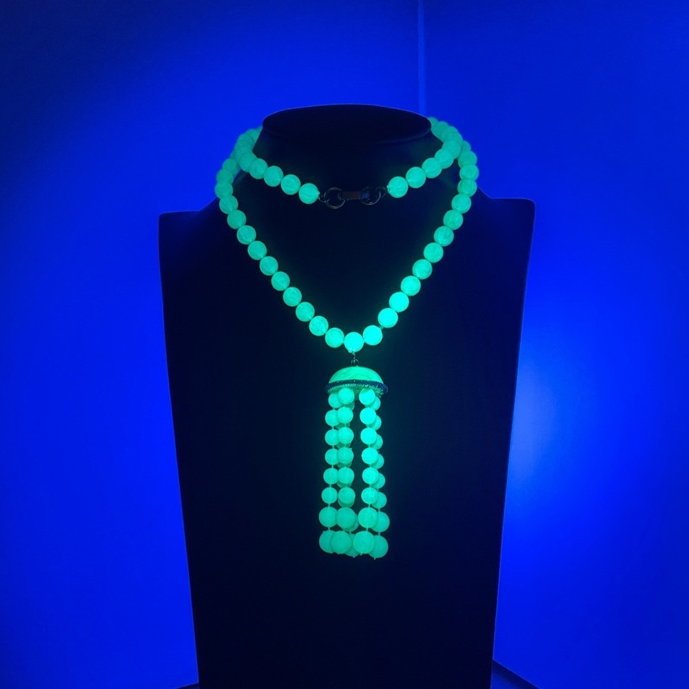 Vintage Lucite Bead Tassel Necklace Green UV Reactive Glow Jewelry