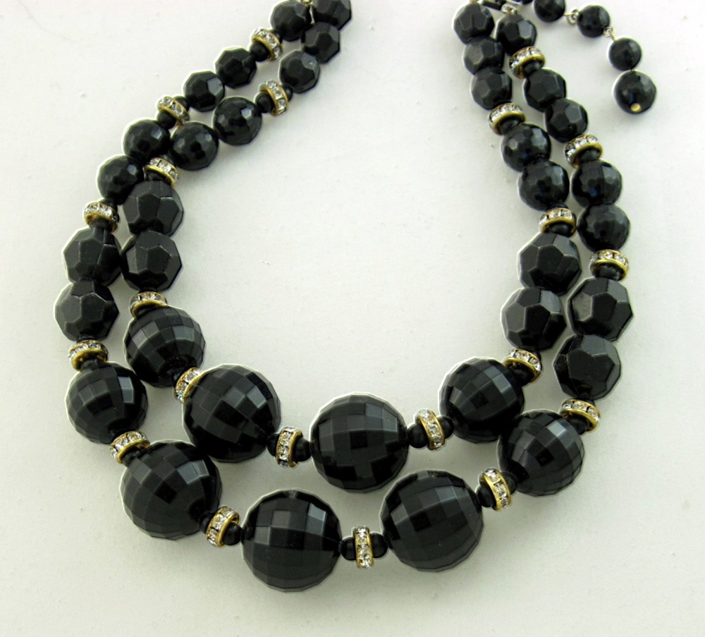 Vintage Necklace 1950s Black Lucite 2 Strand Rhinestone Rondel Beads Adjustable