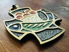 Vintage Terra Sancta Guild Cross Food For Life Fish Gold Enamel Pendant Israel
