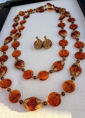 Unique MIRIAM HASKELL Parure Earrings+ 54″Necklace Tortoise & Brass Filigree