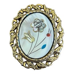 Mother of Pearl Inlay Floral Brooch Pin Brass Gold Tone Filigree Leaf Frame