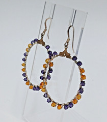 925 Open Circle Earrings 1.25in Drop Sterling Silver Wrapped Purple Gold Crystal