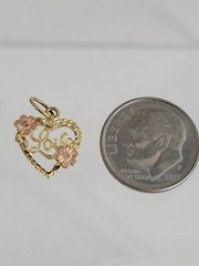 Vtg OR signed 14K Yellow Gold HEART Love Pink Flowers Charm / pendant Estate