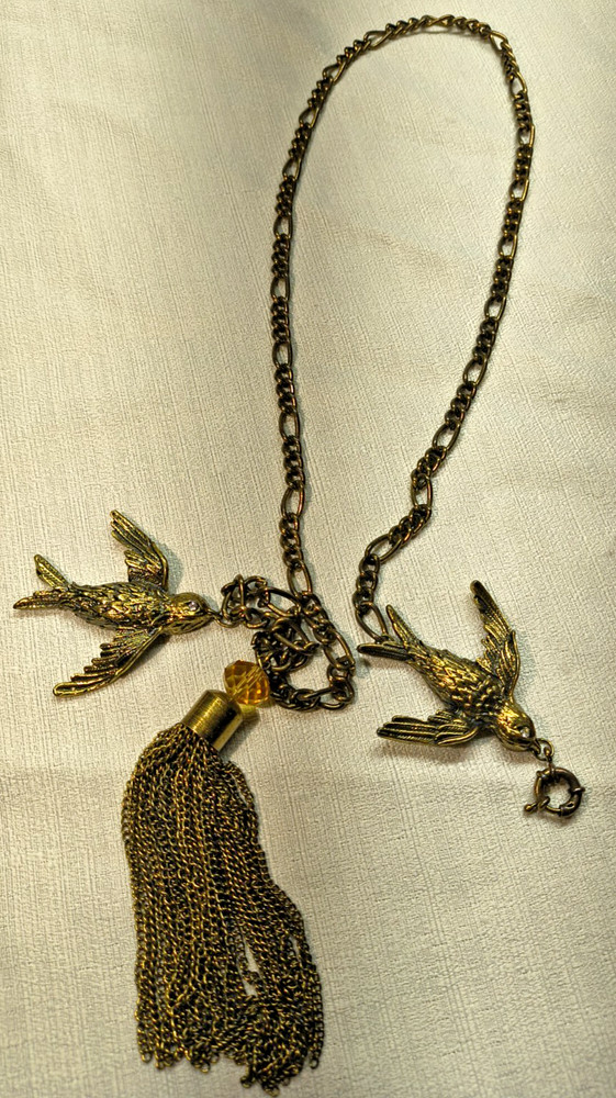 Vintage Swallow Gold-Tone Chatelaine For Sweater or Cloak 29in chain