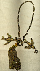 Vintage Swallow Gold-Tone Chatelaine For Sweater or Cloak 29in chain
