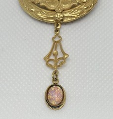 Victorian Revival Czech Foiled Opal Glass Brooch Oval Gold Tone With Dangle