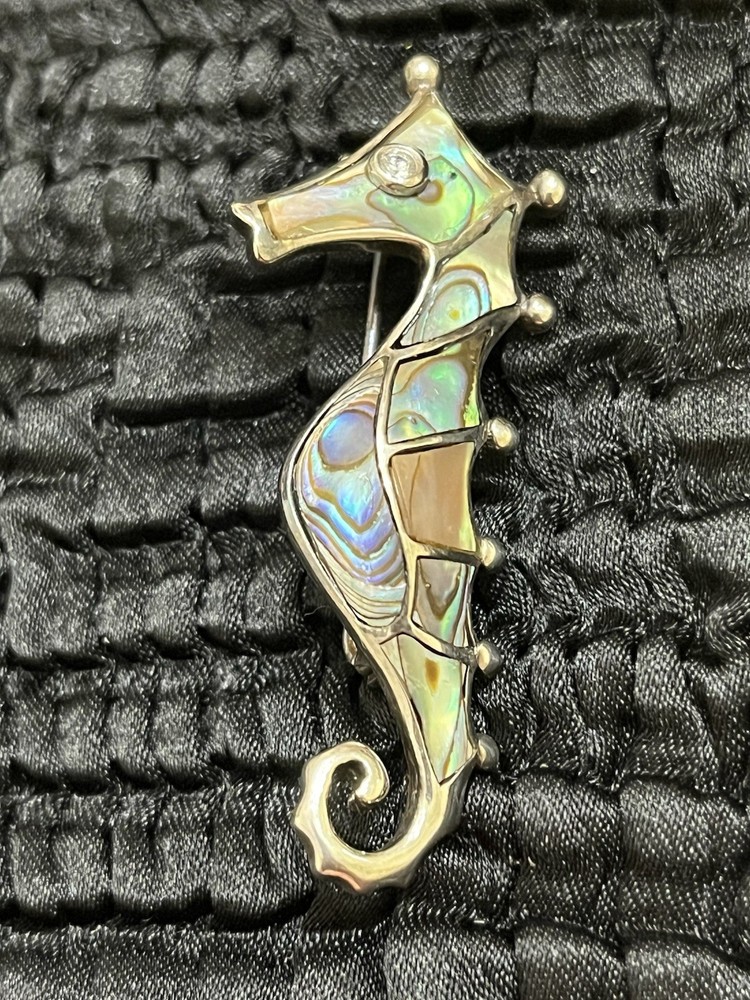 Vintage Sterling Silver Abalone Seahorse Brooch Signed CO Crystal Eye Ocean Pin