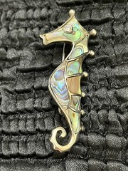Vintage Sterling Silver Abalone Seahorse Brooch Signed CO Crystal Eye Ocean Pin