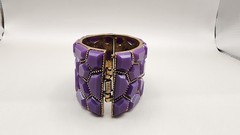 Vintage 1950s Purple Lucite Clamper Bracelet Heavy Gold Tone Mosaic Mod Cuff