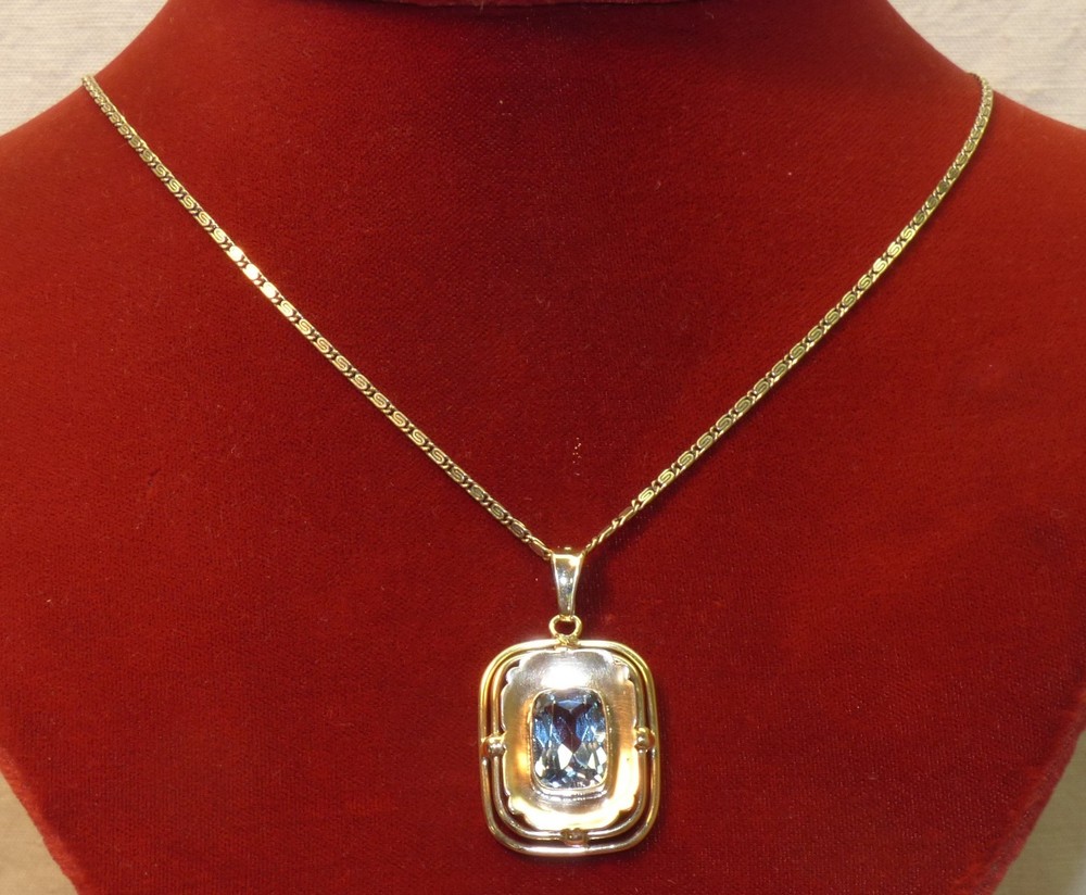 Antique Art Deco 835 Silver & Blue Spinel Pendant Necklace 19 1/2″ Snail Chain