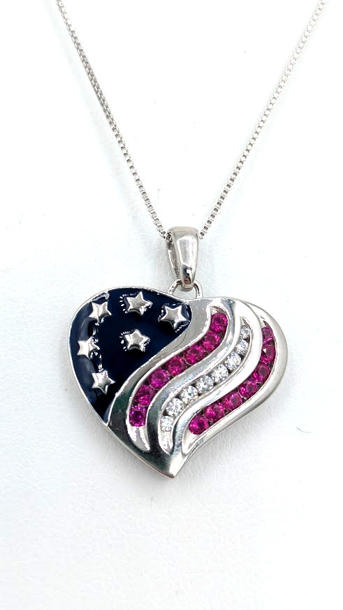 Vintage Pendant Necklace Sterling Silver Ruby Diamond Patriotic Love America