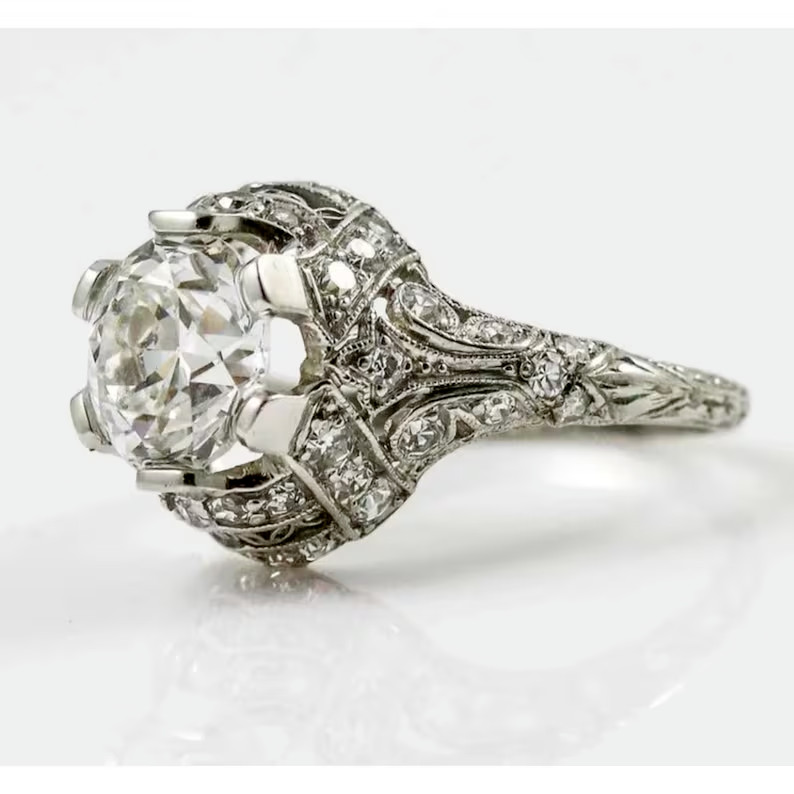 Art Deco Vintage Round Cut Lab Created Diamond Engagement 925 Silver Gift Ring