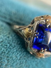 Vintage 10kt Tri-Color Filigree Ring Lab Created Blue Sapphire Size 6.75 V1791