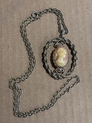 Vintage Cameo Pendant Necklace Ornate Gold Tone Frame Lady Portrait