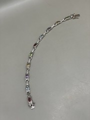 925 Sterling Silver Signed DBJ Genuine Multi Gemstones Tennis 7.25” Bracelet