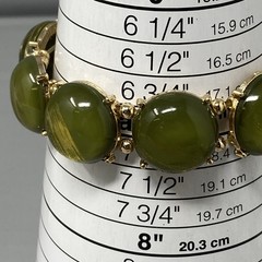 Olive Stretch Bracelet Acrylic Cabochons Gold Tone Sheen Metal Chunky Retro 7″