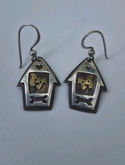Vintage Estate Sterling Silver / Copper Dog Doghouse Dangle Earrings 925 Signed