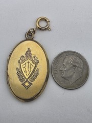 1938 Vintage Gold Plated Oval Locket “BTF” Monogram – Young Man + Red Tractor
