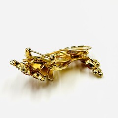 Vintage Fan Wave Rhinestone Brooch Red and Clear Prong Set Stones Gold Tone Pin
