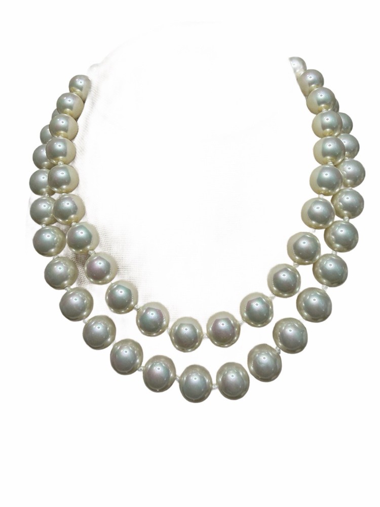 SIGNED CAROL LEE 925 HUGE 10 MM. IRIDESCENT LUSTRE GLASS PEARL KNOTTED NECKLACE