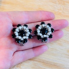 Weiss Earrings Starburst VTG Signed Jet Rhinestone Crystal Clip Round Flower 60s