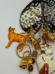 Lunch At The Ritz Cat Rhinestone Enamel Dangle Brooch