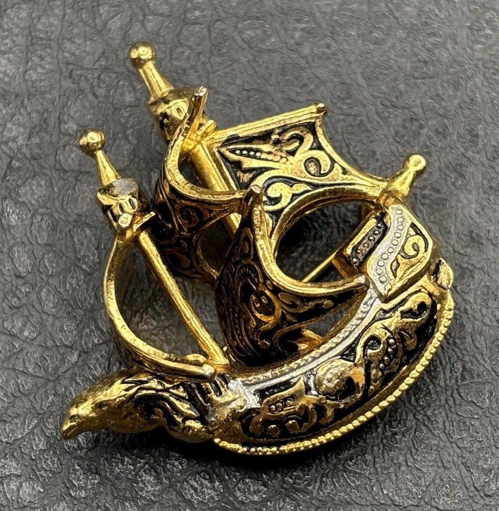 Vintage Spanish Damascene Galleon Ship Brooch Gold Tone Silver Sailing Vessel