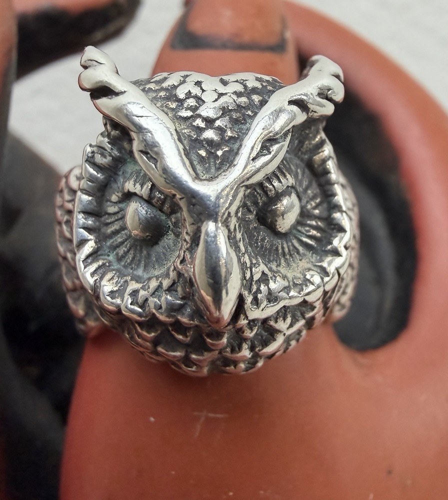 Sterling Silver OWL Ring Sz 7 Artisan Signed Boho Goth REN Faire Modernist 925