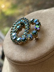 Vintage AB Green Blue Crystals Rhinestones Brooch 2 Circles Wreaths