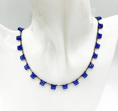 Antique Art Deco Sterling Silver Open Back Blue Crystal Necklace 14.5″