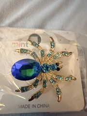 Aqua Rhinestone Gold Tone Spider Brooch