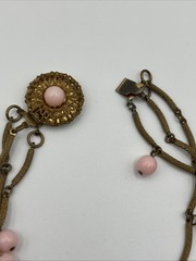 Vintage Multi 3 Strand Pink Beaded Necklace Antique Gold Tone Etched Bar Link