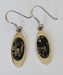 Vintage Sterling Silver Abalone Mother Of Pear Mosaic Oval Dangle Hook Earrings