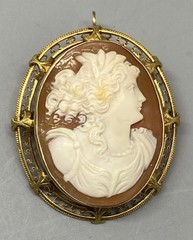 10k Yellow Gold Filigree Antique Fabulously Well Carved Cameo Pendant Pin 6.6g