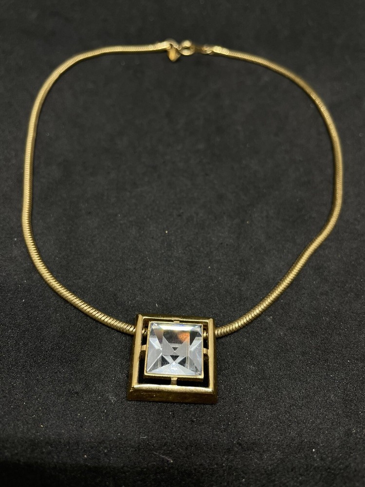 Avon Vintage Square-Cut Crystal Pendant Necklace 14” Chain Goldtone Signed