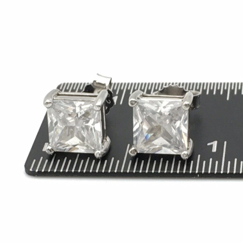 3.4g Sterling Silver 7mm Princess Cut CZ Stud Post Earrings Marked 925 #94